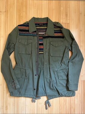 Nameless Olive Green Utility Jacket with Multicolor Patterned Yoke